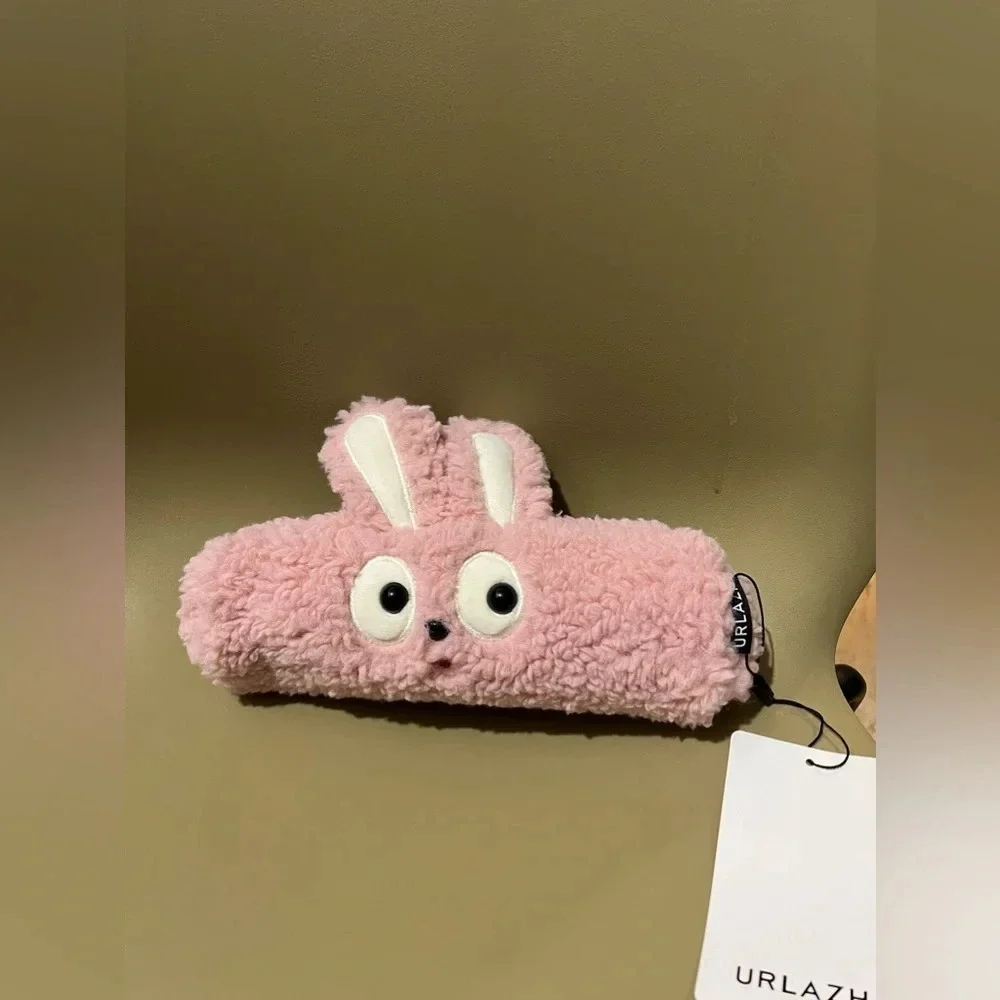 Urlazh bunny rabbit faux fur pink pencil cosmetic makeup case bag clutch